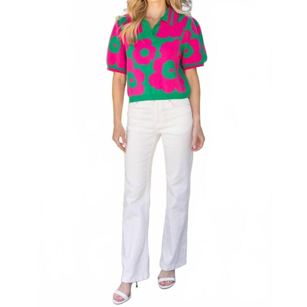 Women’s Pink & Green Floral Short-Sleeve Polo Sweater Top